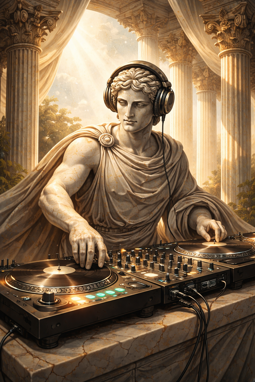 A classical statue as a DJ — where ancient wisdom meets modern sound